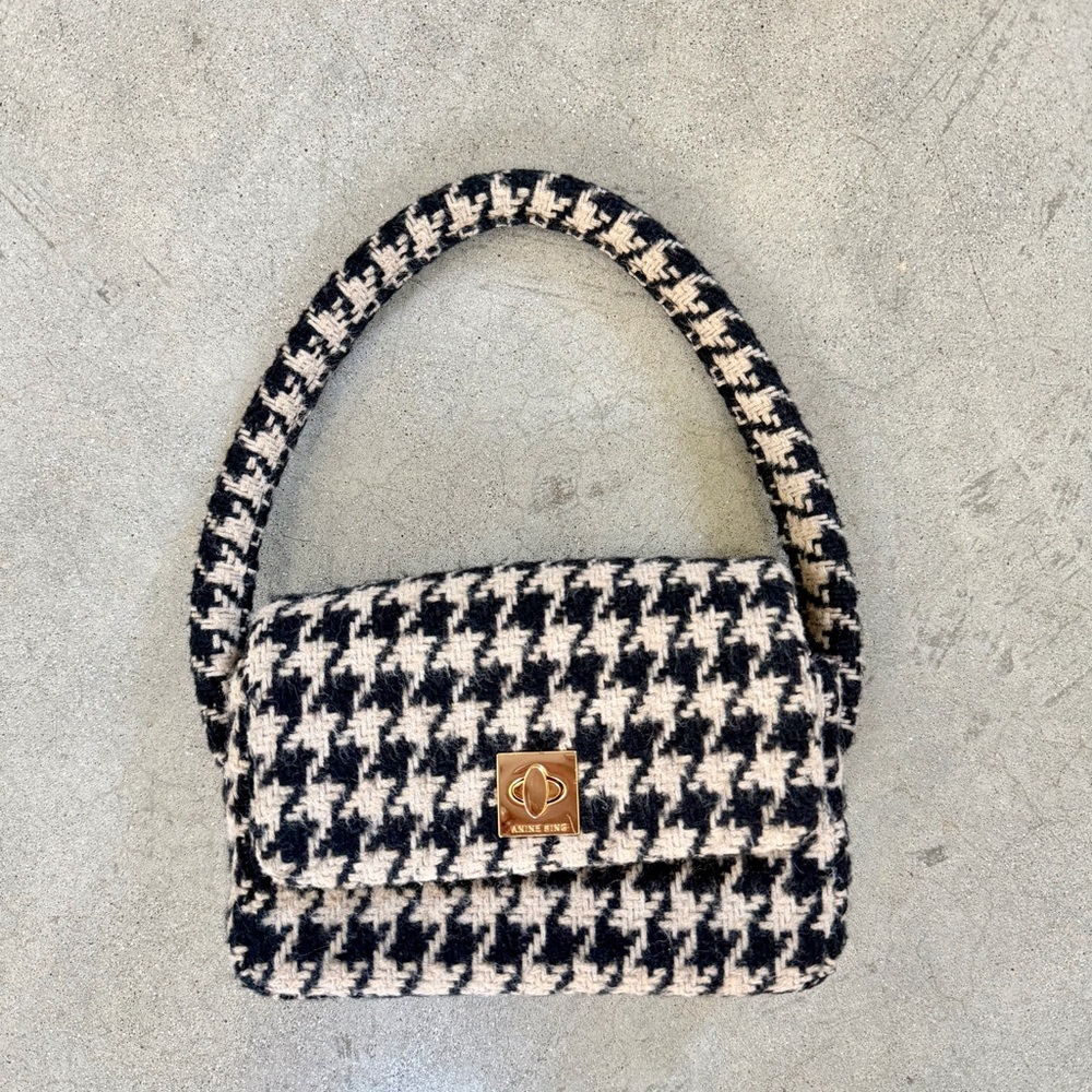 Anine Bing Black and Cream Houndstooth Shoulder Bag